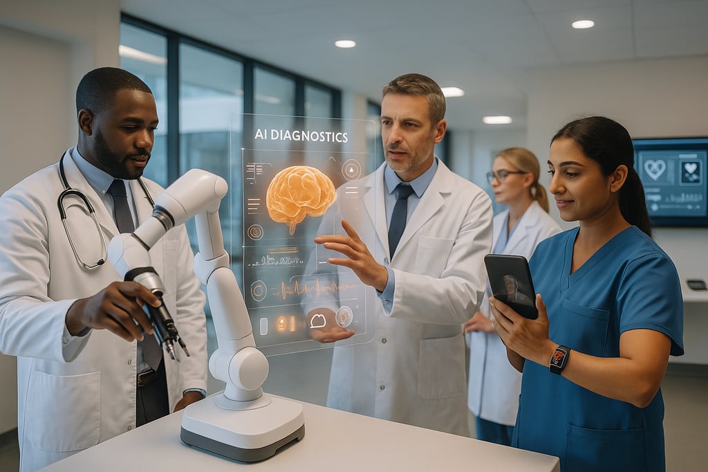 Innovations in healthcare technology: doctors and a nurse work with a robotic surgical arm and an AI diagnostics holographic display, while a clinician checks a telemedicine call on a tablet in a modern hospital.
