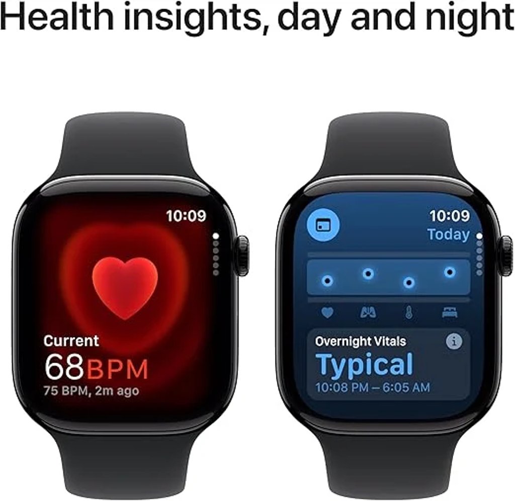 Two Apple Watch Series 10 screens showing health features: Heart app at 68 BPM and Vitals app with “Overnight Vitals — Typical” summary