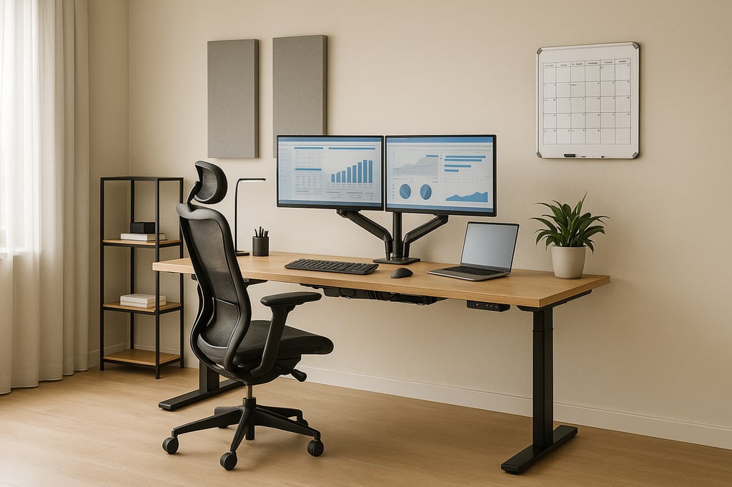 Minimalist home office with an adjustable sit-stand desk, dual monitors on a monitor arm, laptop, ergonomic mesh chair, tidy cable management, wall calendar, shelves, and a potted plant in soft window light.
