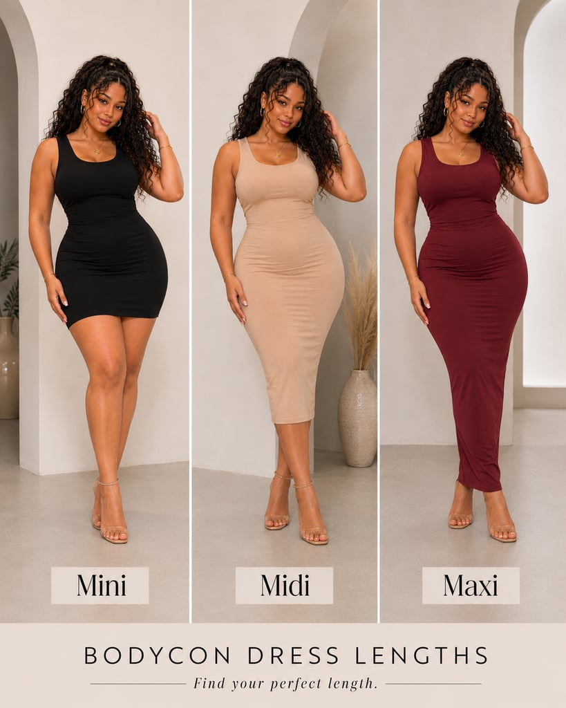 Mini midi and maxi bodycon dress length comparison for women