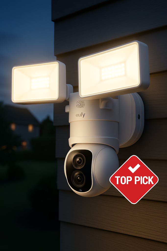 Ultra-realistic professional image of the Eufy Floodlight Cam E340 mounted on a house exterior wall at dusk. The unit features dual LED floodlights and dual cameras, providing 360-degree pan and tilt coverage with up to 2,000 lumens of bright illumination. A red Top Pick badge is displayed on the bottom right.