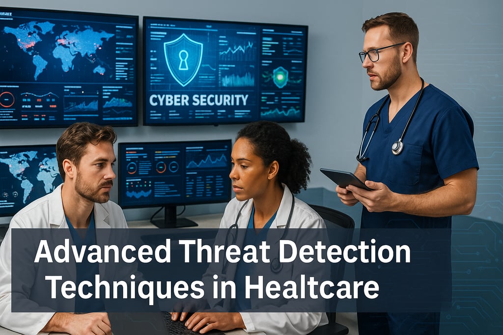 Healthcare security operations center with clinicians and analysts reviewing SIEM, EDR, and anomaly-detection dashboards to protect connected medical devices—header image for Advanced Threat Detection Techniques in Healthcare.