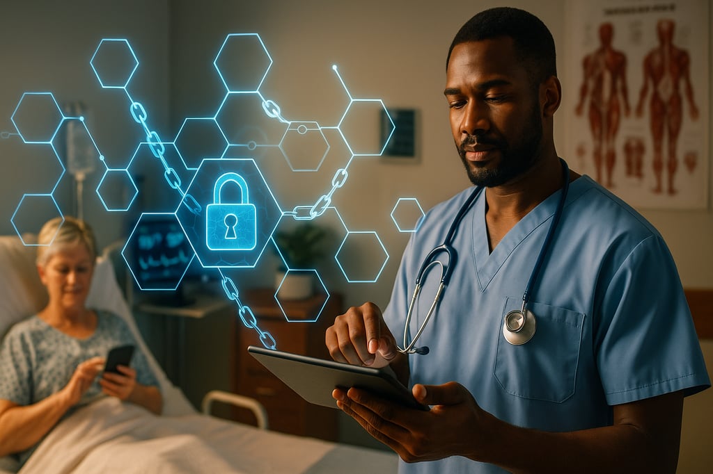 Modern hospital scene: a clinician in scrubs uses a tablet while a patient checks her phone; a holographic blockchain with hexagons, chains, and a padlock visualizes secure, patient-controlled health data.
