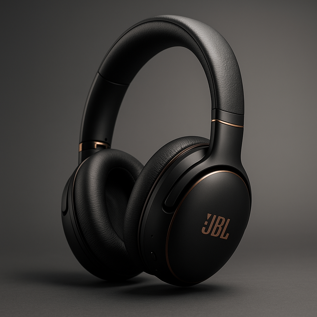JBL Tour One M2 over-ear wireless headphones in matte black with copper accents resting on a gradient gray studio backdrop