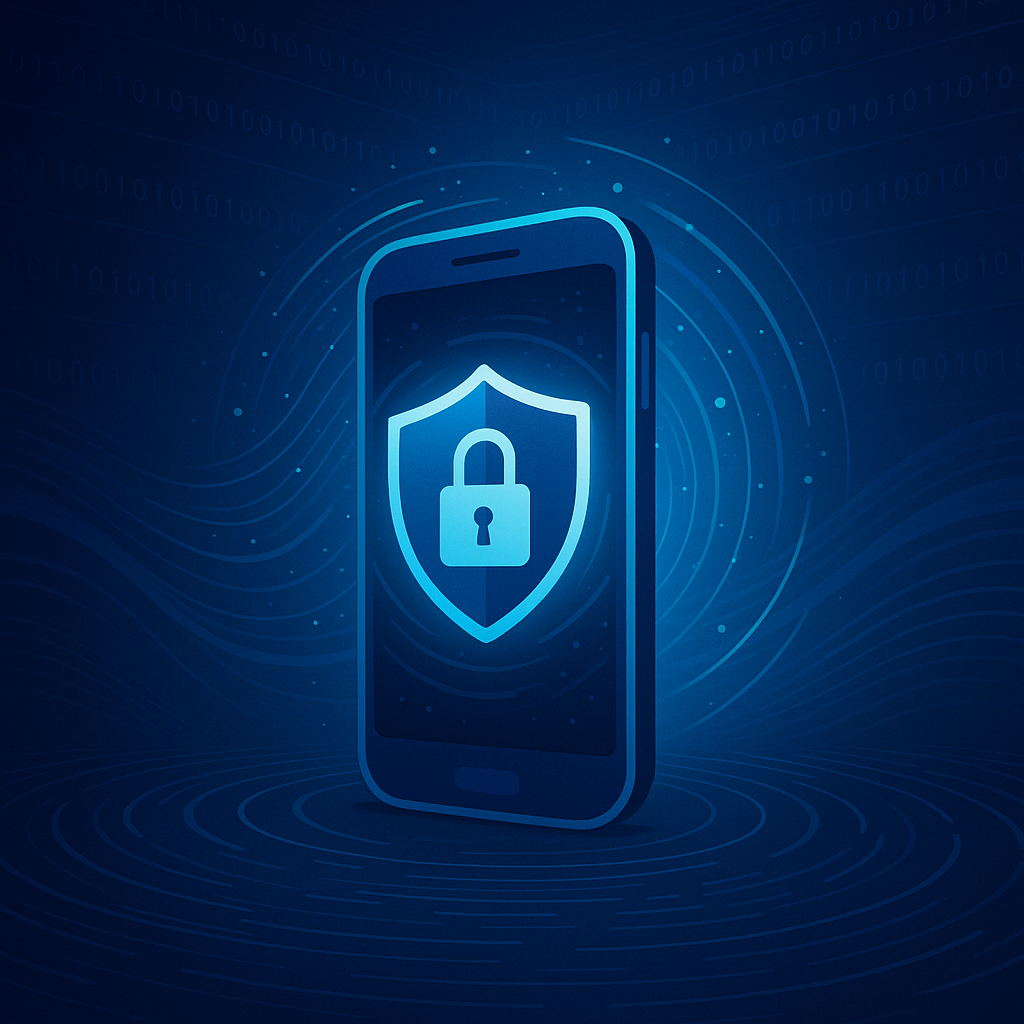 Blue neon illustration of mobile device security: a smartphone with a shield and padlock icon, surrounded by concentric waves and binary digits on a dark background.