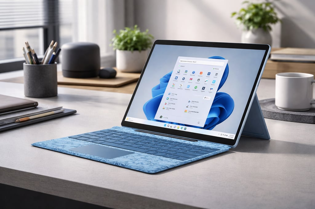 Ultra-realistic Microsoft Surface Pro 9 with blue Type Cover on a modern home-office desk, showing a clean Windows 11 screen, with stationery, a smart speaker, plants, and a coffee mug softly blurred in the background.