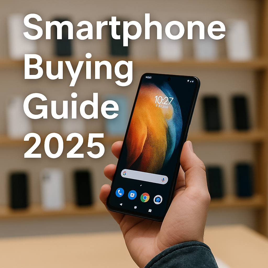 Cover image for Smartphone Buying Guide 2025 showing a person holding a modern smartphone in a tech retail store, with the title text displayed boldly over the background.