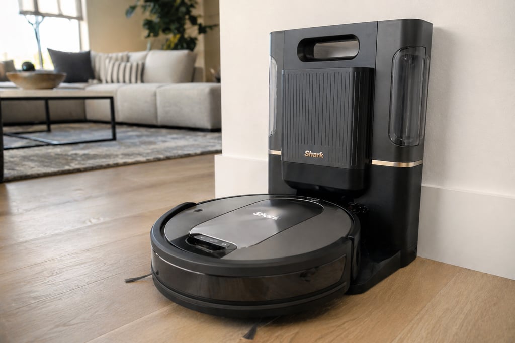 Shark AI Ultra voice control robot vacuum with Matrix Clean Navigation docked in a modern living room