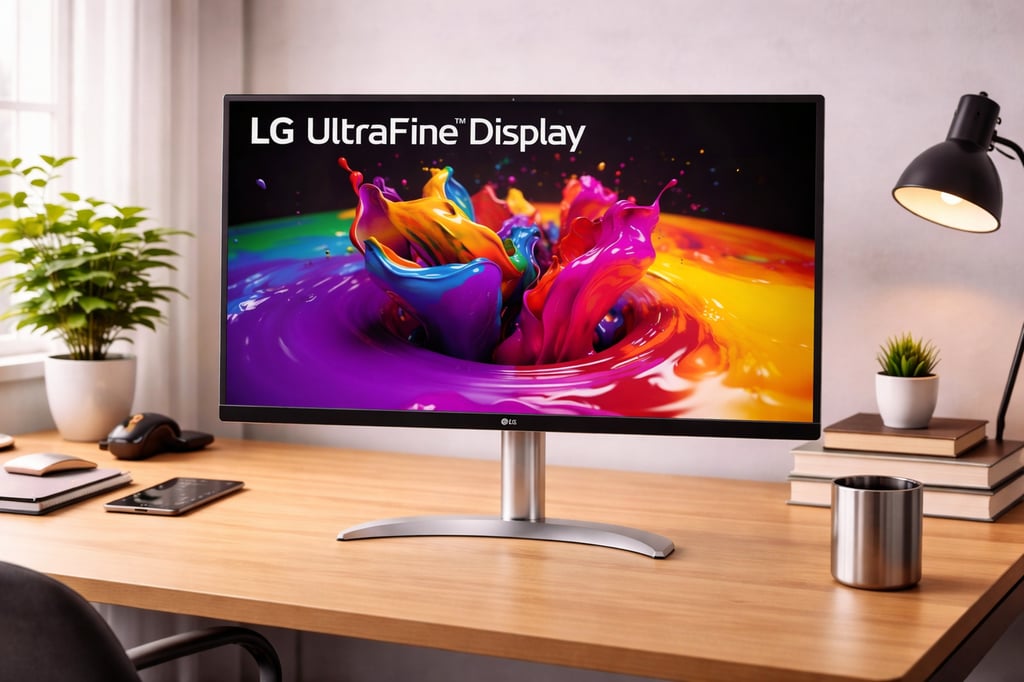 LG UltraFine Display monitor on a realistic wooden desk in a bright home office, showing a vibrant multicolor paint-splash wallpaper, with desk lamp, books, phone, and a small plant nearby.