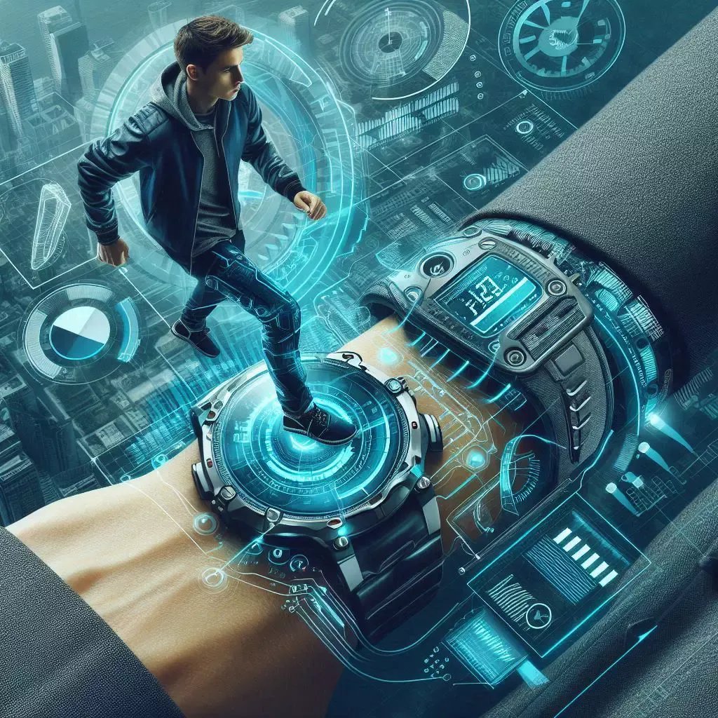 Futuristic concept art showing wearable technology with a holographic smartwatch interface. A digital human figure is stepping out of the smartwatch display, surrounded by glowing blue circuits, holograms, and futuristic data visuals.