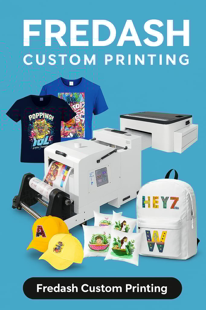 Promotional graphic featuring Fredash Custom Printing with vibrant design and bold header