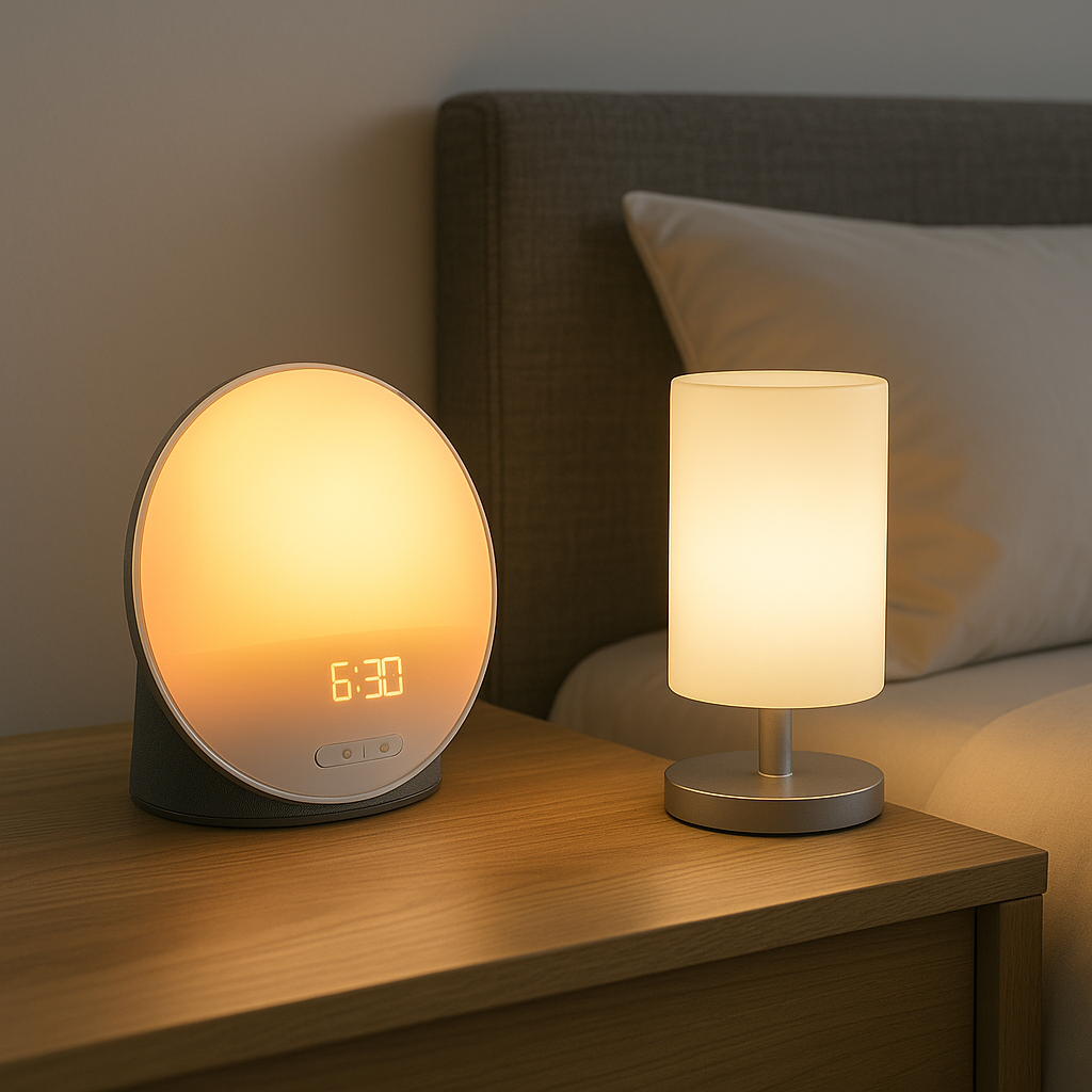A modern bedroom nightstand setup with a glowing wake-up light alarm clock showing 6:30 AM and a sleek cylindrical smart lamp beside it. Both emit warm light, creating a cozy and serene atmosphere.
