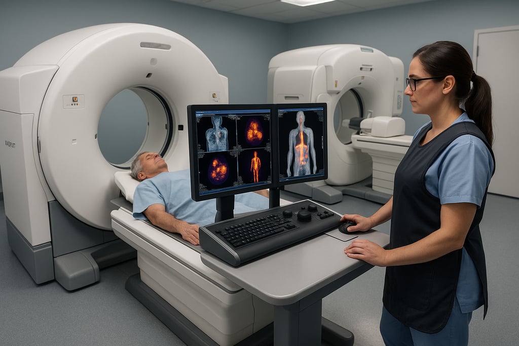 Nuclear medicine technologist reviewing whole-body PET and SPECT hybrid scans on dual monitors while a patient lies inside a PET/CT scanner, illustrating advanced digital nuclear medicine imaging systems.
