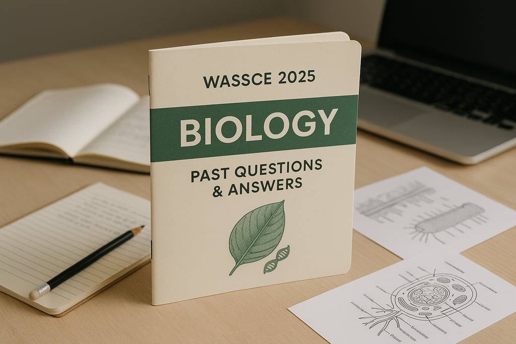 Ultra-realistic WASSCE 2025 Biology Past Questions & Answers exam booklet on a study desk with laptop, notes, and biology diagrams.
