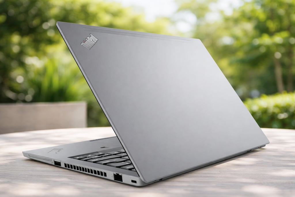 Lenovo ThinkPad T14s Gen 6 Snapdragon laptop on a light wooden table with a clear natural outdoor background