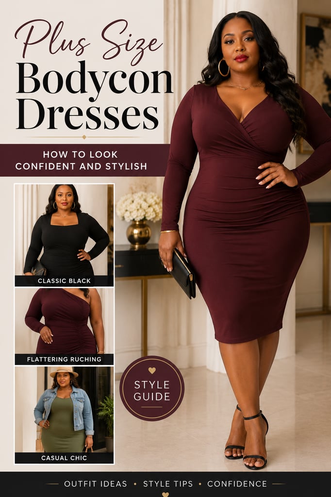 Pinterest vertical graphic for plus size bodycon dresses showing confident and stylish outfit ideas for women