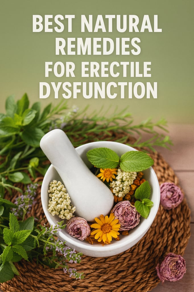 Educational promotional image showing natural remedies for erectile dysfunction. A white mortar filled with fresh herbs and colorful flowers sits on a woven mat, surrounded by green plants, symbolizing holistic health and natural wellness. Bold white text above reads 'Best Natural Remedies for Erectile Dysfunction'.