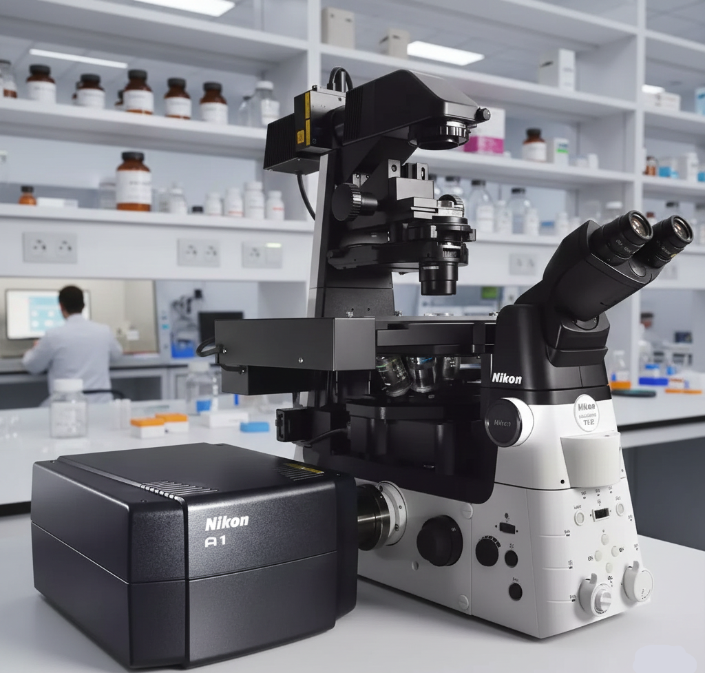 High-end Nikon A1 confocal fluorescence microscope system in a modern research laboratory, featuring precision optics, motorized components, and a laser scanning unit used for advanced cancer and cell biology imaging.