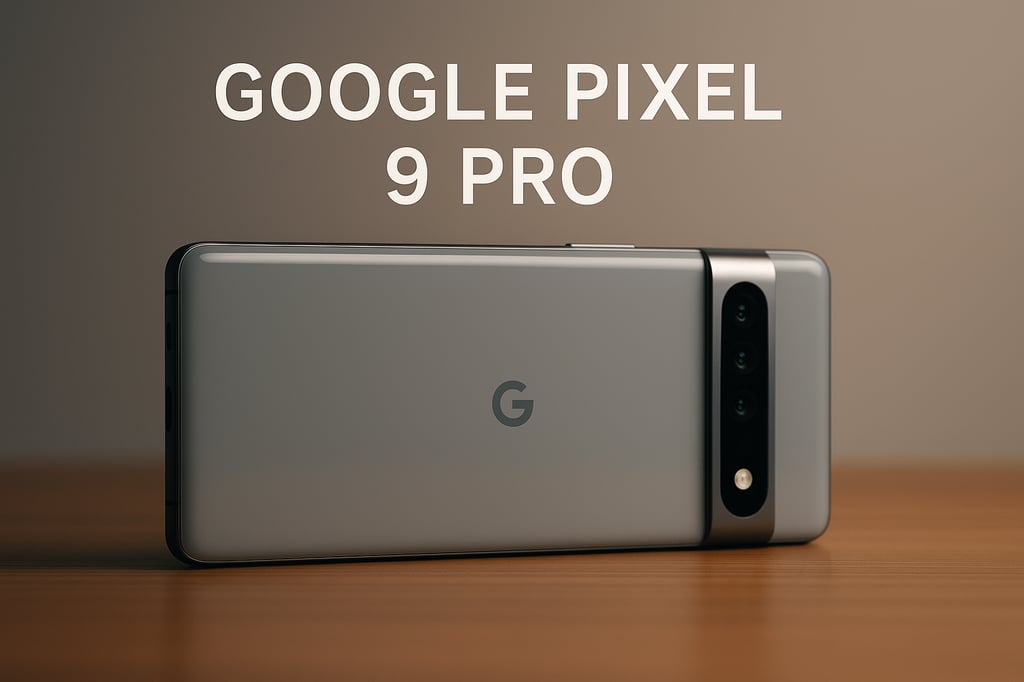 Ultra-realistic professional photo of the Google Pixel 9 Pro placed horizontally on a wooden surface with soft lighting, showcasing its sleek design, rear camera bar with triple lenses and LED flash, and the Google logo in the center.