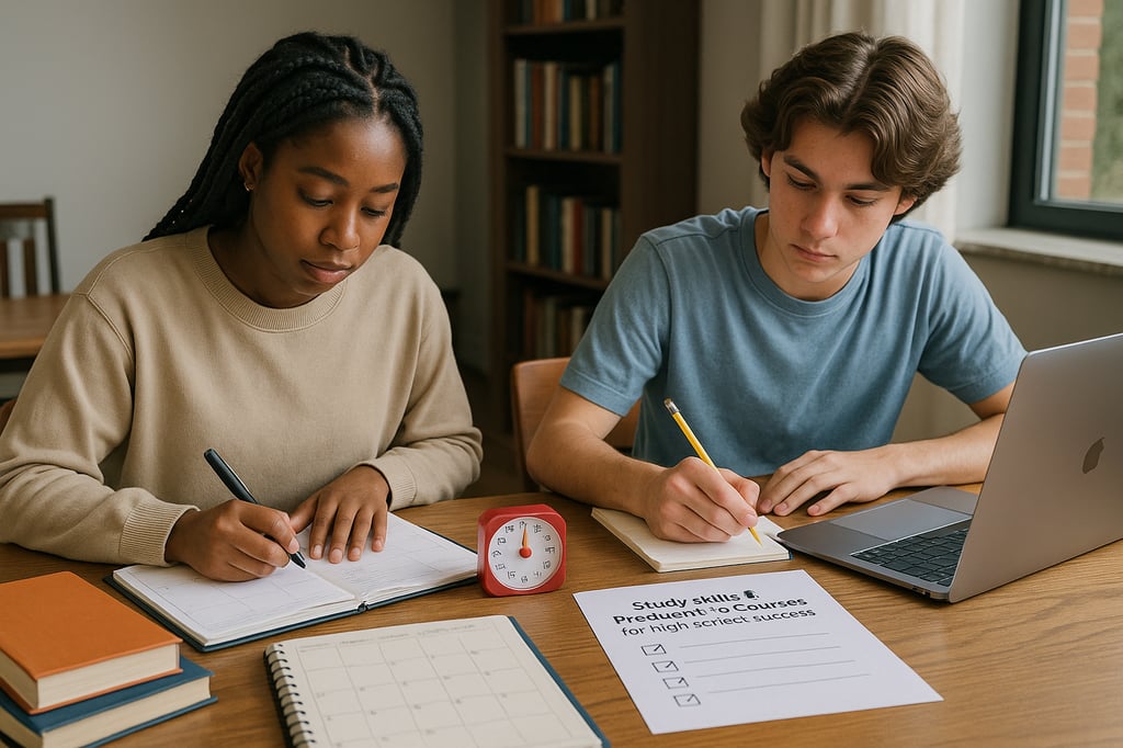 Two high school students using planners, notes and a laptop with a Pomodoro timer on the desk, practicing study skills and productivity habits for high school success.