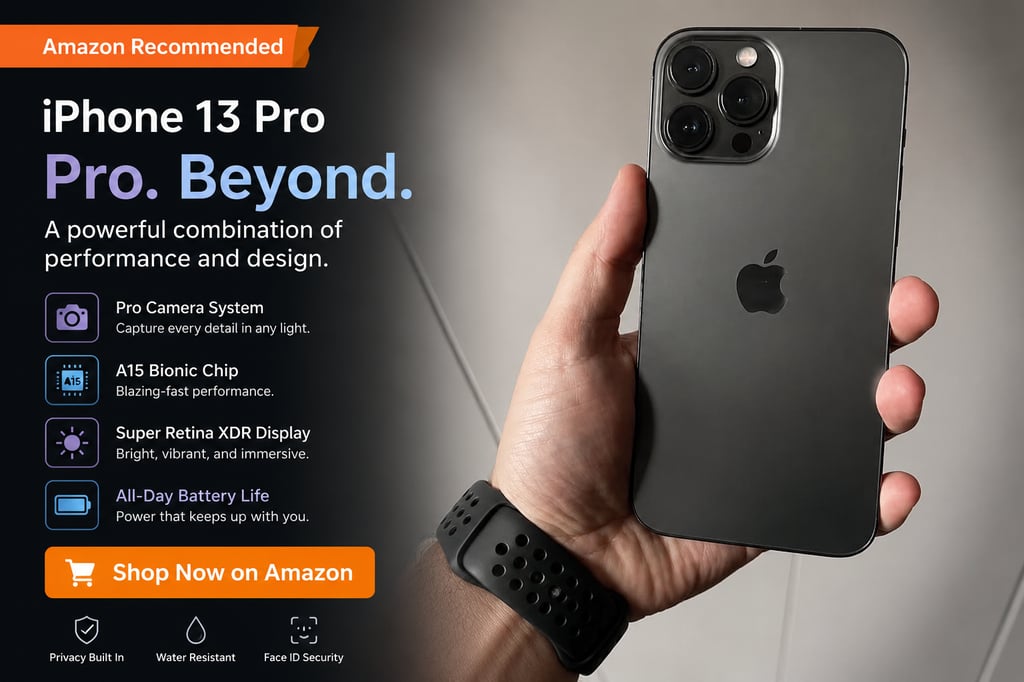 Amazon affiliate ad for Apple iPhone 13 Pro in Alpine Green with triple-camera system