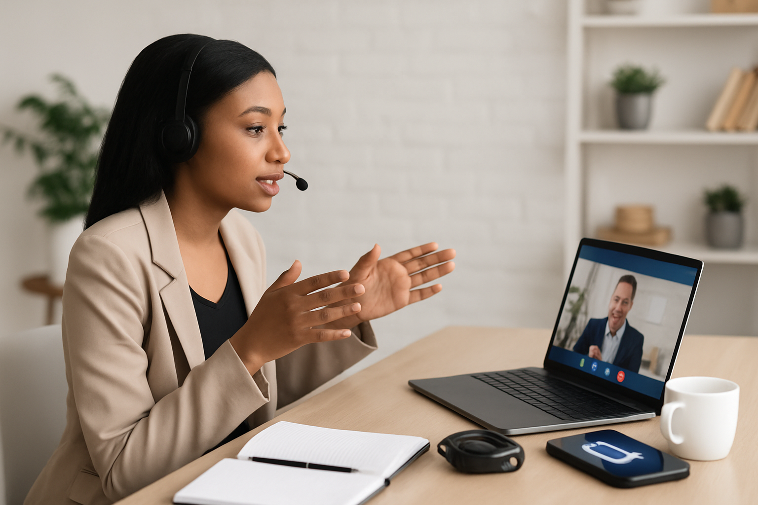 Professional woman wearing a headset engaged in an online meeting, speaking confidently while gesturing, with a laptop screen showing a video call participant—illustrating effective communication skills.