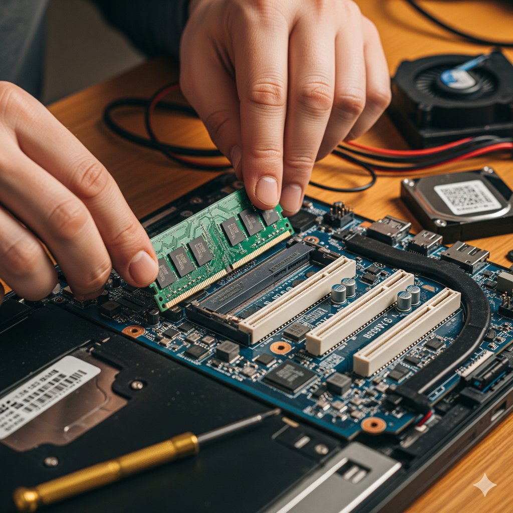 A close-up shot shows a person's hands carefully installing a stick of green RAM into an open laptop motherboard. The RAM module is held precisely above an empty DIMM slot, with other slots visible. The intricate details of the motherboard, including various chips and circuits, are in sharp focus. A golden screwdriver rests on the laptop's chassis in the foreground, and parts like a cooling fan and a hard drive are visible in the slightly blurred background on a wooden desk. The lighting is direct, highlighting the technical process.