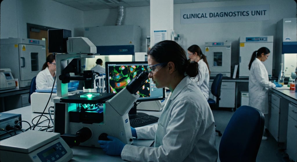 Medical laboratory scientist using a fluorescence microscope in a clinical diagnostics unit, with glowing multicolored fluorescent cell images displayed on a monitor and other lab professionals working in the background.