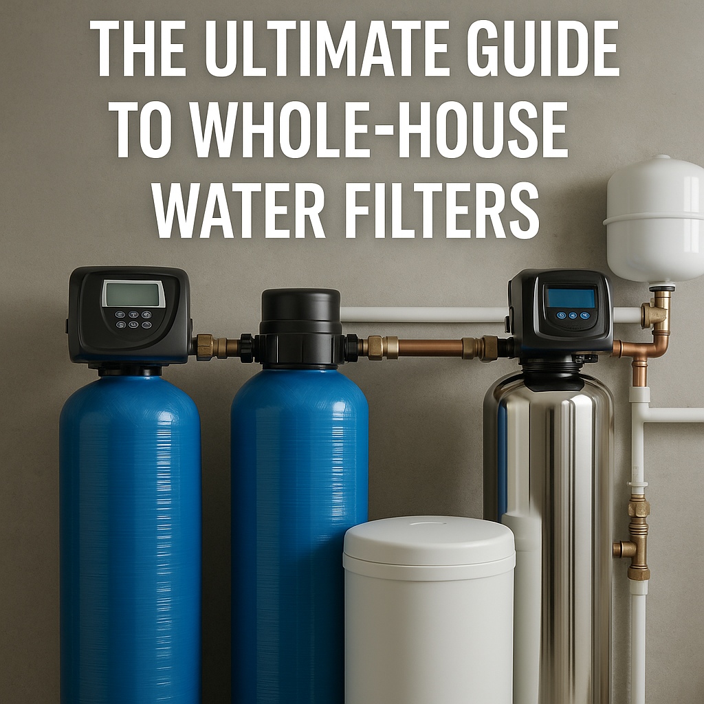 Three blue and stainless steel whole-house water filter tanks with digital control valves, connected by copper piping in a home utility room