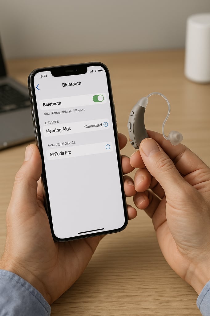 A close-up of a person pairing a behind-the-ear hearing aid with a smartphone via Bluetooth. The phone screen shows 'Hearing Aids – Connected' in the Bluetooth settings menu, with AirPods Pro also listed under available devices.