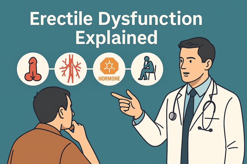 Educational infographic illustration titled 'Erectile Dysfunction Explained'. It shows a doctor in a white coat explaining causes to a patient. Icons represent blood vessel health, hormones, and psychological factors, visually highlighting the main contributors to the condition.
