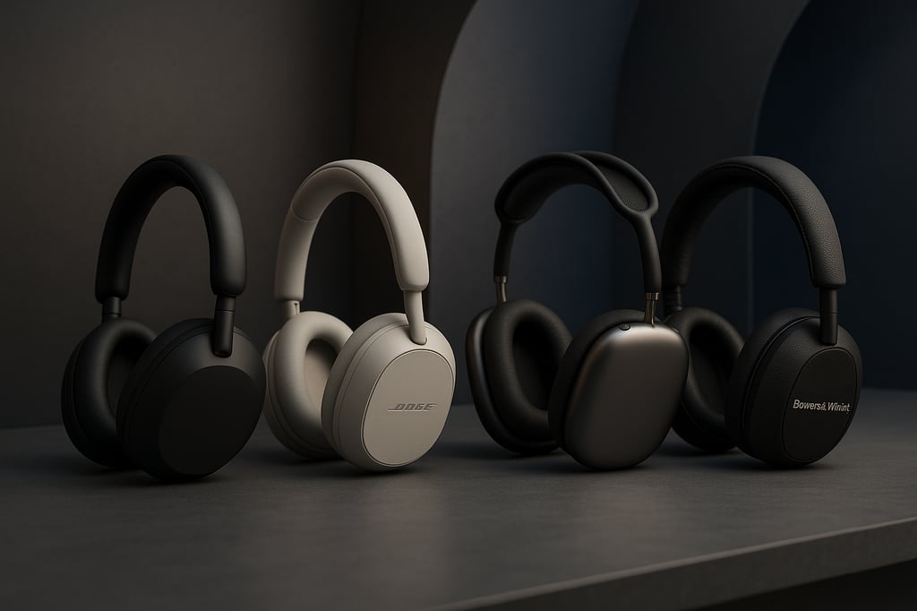 Ultra-realistic professional 3D studio image featuring four top noise-canceling headphones of 2025 — Sony WH-1000XM5 in matte black, Bose QuietComfort Ultra in light grey, Apple AirPods Max with brushed metal cups, and Bowers & Wilkins PX8 in black leather — arranged on a smooth dark surface against a curved gradient backdrop of blue and grey panels with soft directional lighting highlighting each design.