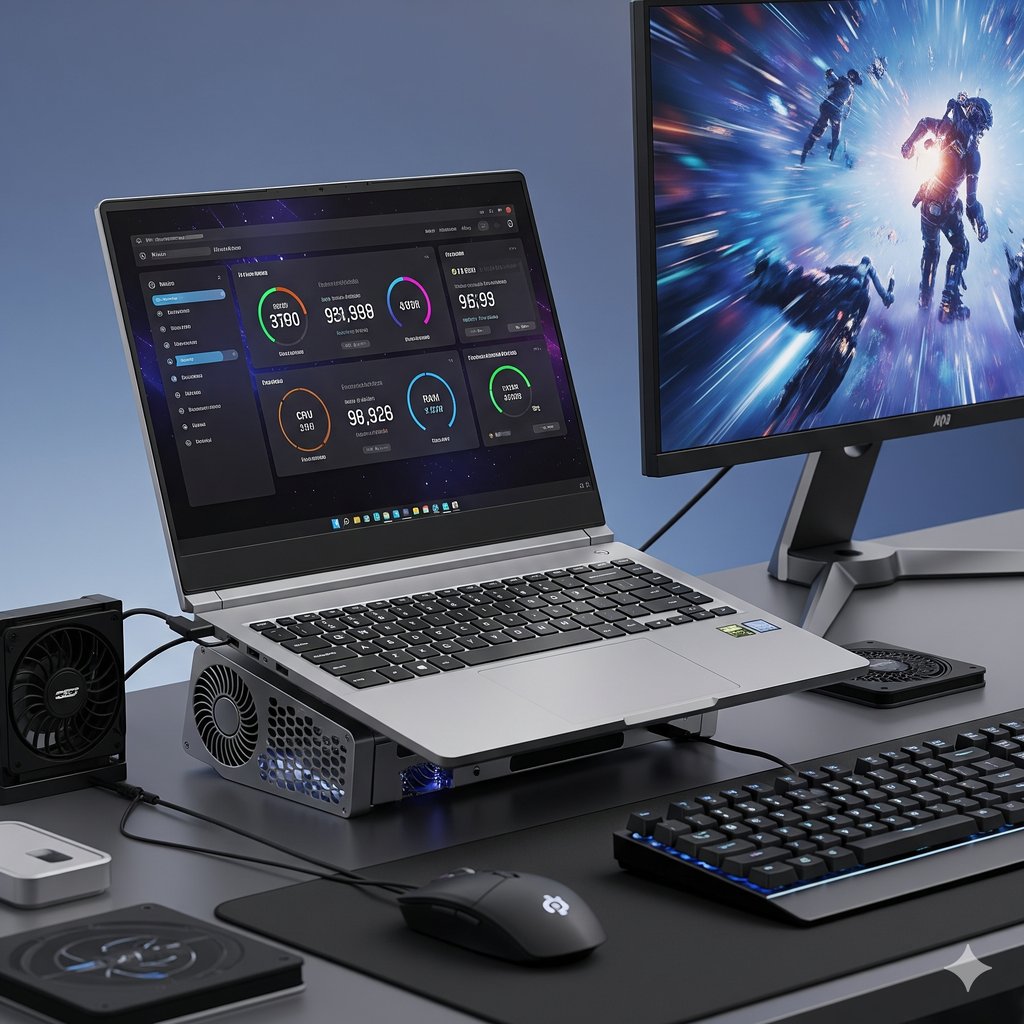 A high-performance gaming laptop is displayed on a sleek desk setup, connected to an external monitor showcasing a dynamic video game scene. The laptop itself is elevated on a cooling stand with visible fans, indicating a focus on thermal management for optimal performance. The laptop screen displays a performance monitoring dashboard with various metrics. A gaming keyboard and mouse, along with other tech accessories, are neatly arranged on the desk, emphasizing a professional and optimized computing environment.
