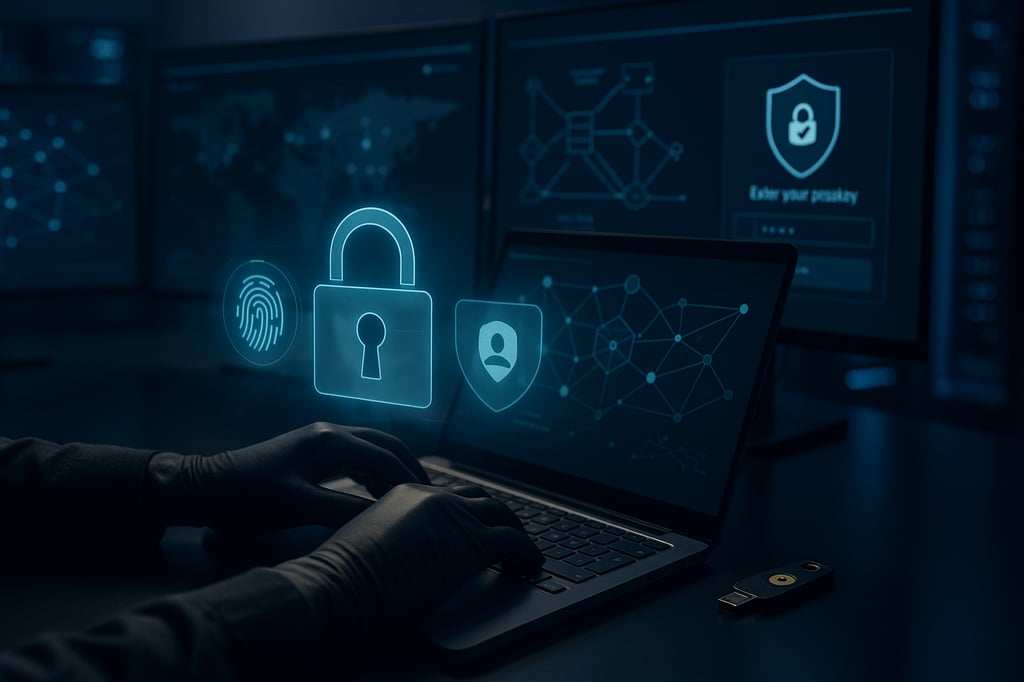Ultra-realistic scene of a cybersecurity professional working at a laptop in a blue-lit operations center, with floating lock, fingerprint, and user-shield icons, network maps on monitors, and a hardware security key beside the keyboard—illustrating MFA, zero-trust, and advanced threat monitoring.