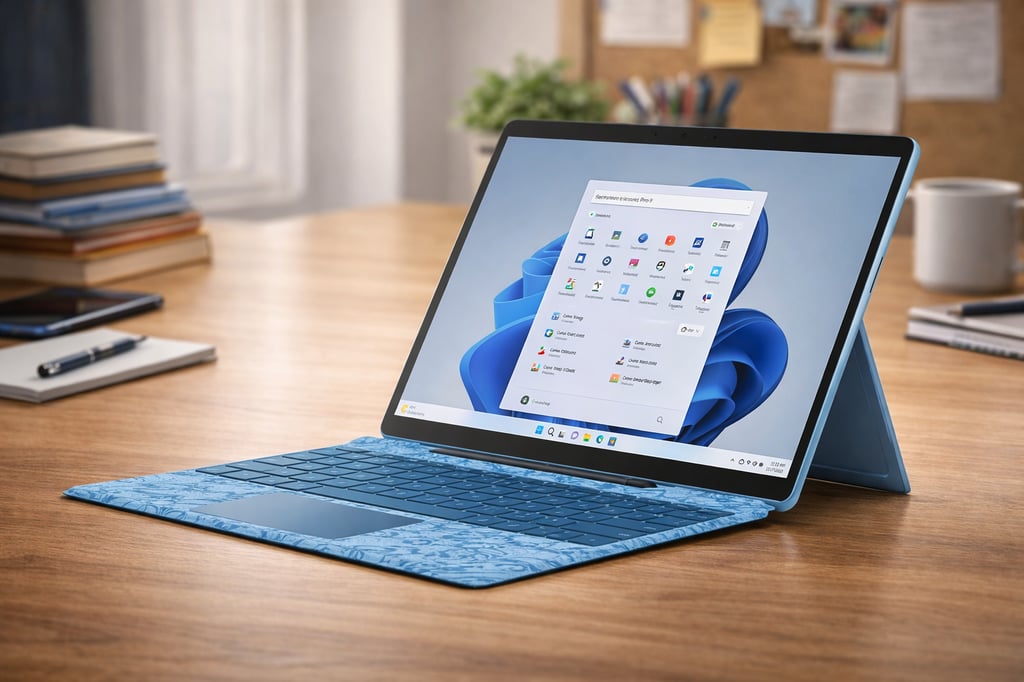 Ultra-realistic Microsoft Surface Pro 9 with blue Type Cover on a wooden study desk, showing a refreshed Windows 11 screen, with books, a mug, and stationery softly blurred in the background.