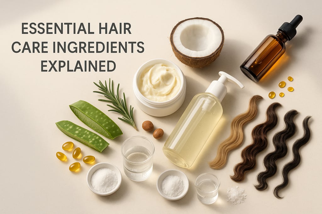 Flat-lay of key hair care ingredients—aloe vera, rosemary, coconut, shea butter, argan oil dropper, clear serum bottle, vitamin capsules—and hair swatches on a cream background.