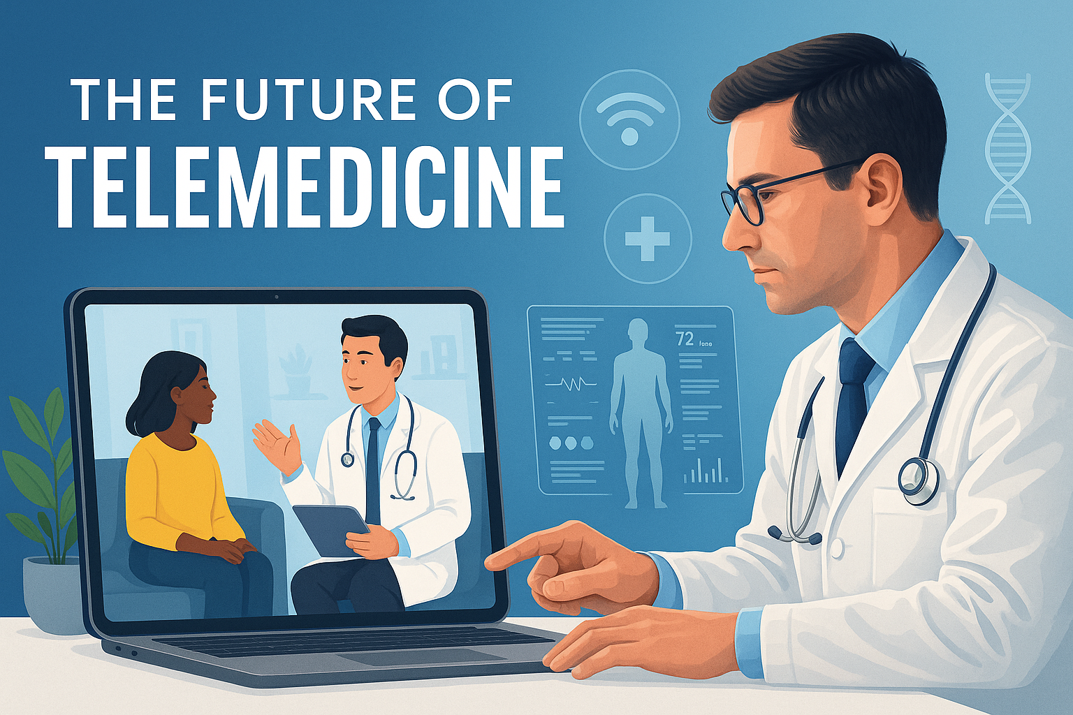 A doctor conducting a telemedicine video consultation on a laptop, with medical data overlays and virtual health icons around, illustrating the future of telemedicine