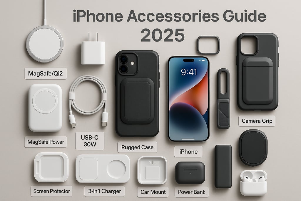 iPhone Accessories Guide 2025: a tidy flat-lay on a neutral backdrop featuring MagSafe/Qi2 charger puck, USB-C cable and 30W adapter, rugged MagSafe case with battery pack, camera grip, car mount, screen-protector tray, 3-in-1 charging dock, compact power bank, and true-wireless earbuds beside an iPhone displaying the Dynamic Island.