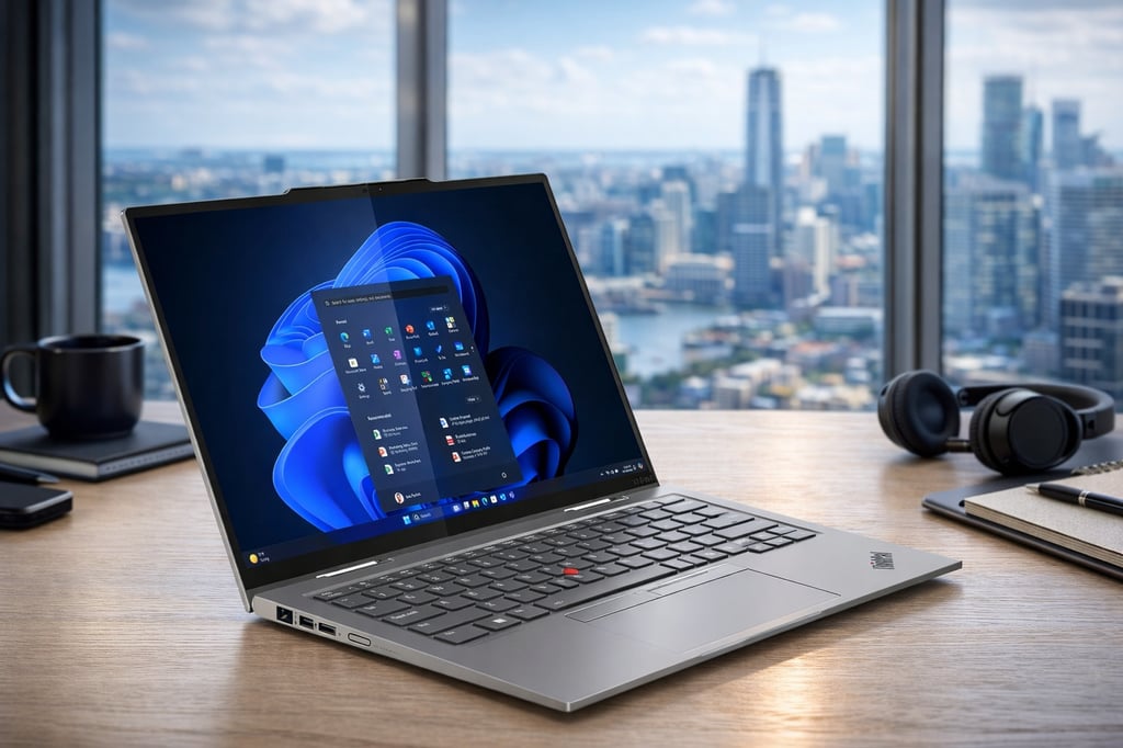Ultra-realistic image of the Lenovo ThinkPad X1 2-in-1 Gen 11 Aura Edition laptop on a modern wooden desk with a bright city skyline background, featuring the Windows 11 display, backlit keyboard, red TrackPoint, headphones, notebook, and coffee mug in a stylish workspace.