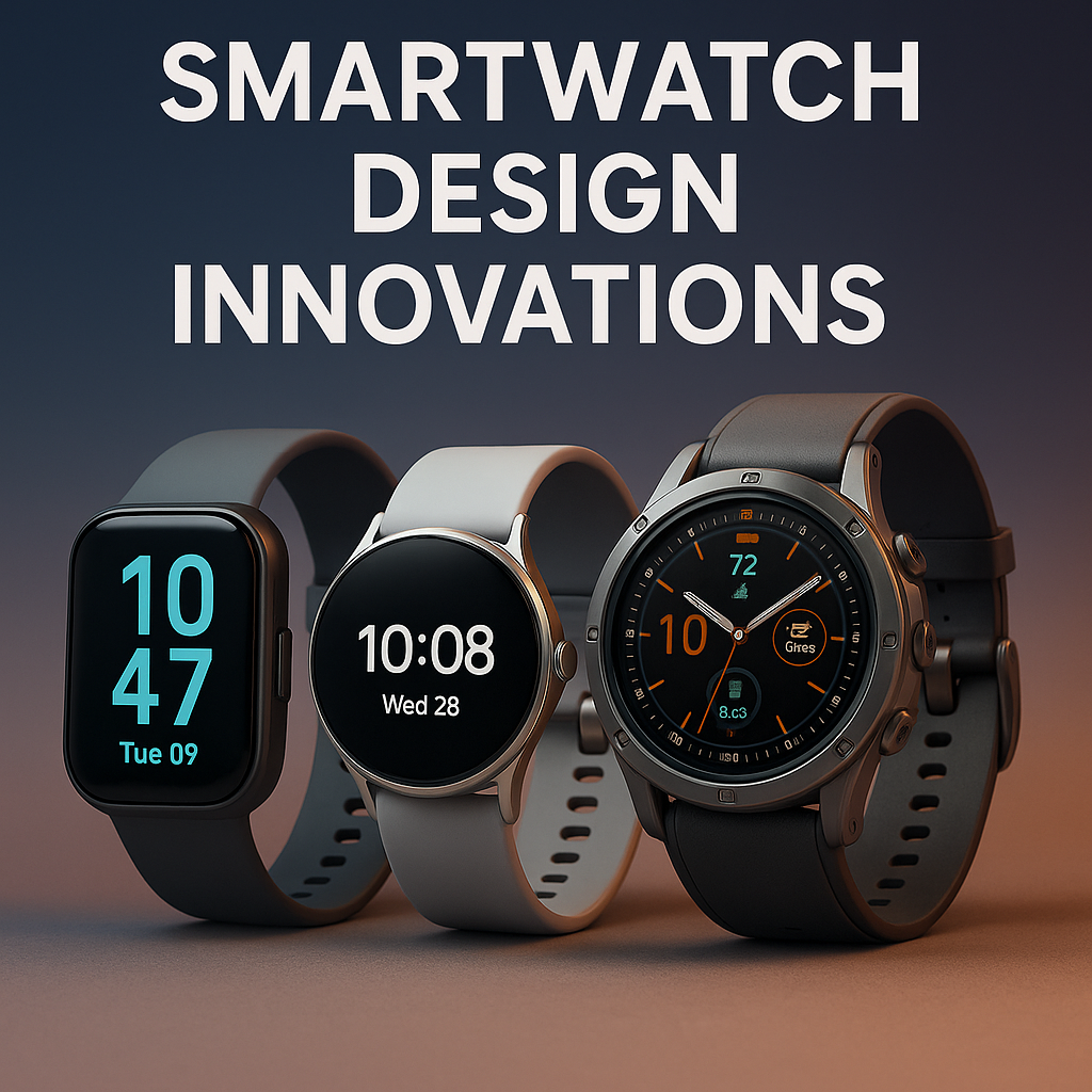 Ultra-realistic professional image showcasing smartwatch design innovations. The photo features four modern smartwatches with different shapes and display styles arranged side by side against a gradient blue-to-purple background. Bold white text above reads 'Smartwatch Design Innovations'.