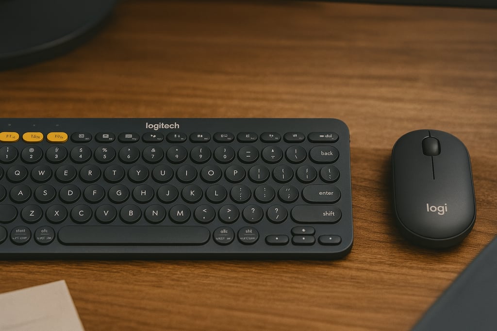 Logitech K380 Multi-Device Bluetooth keyboard with circular keys and companion Pebble mouse, placed on a wooden student desk with natural light, books, and a tablet for a realistic study setup.