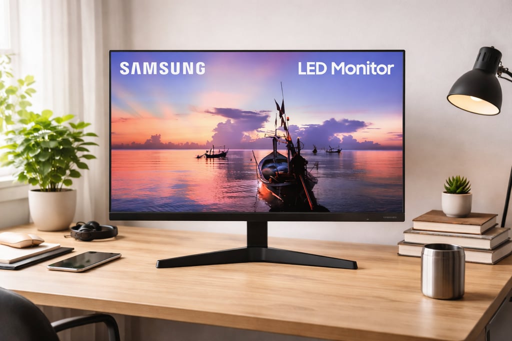 Samsung LED monitor on a realistic wooden study desk in a bright home office, with a sunset seascape wallpaper on screen, plus desk lamp, books, and small plants.