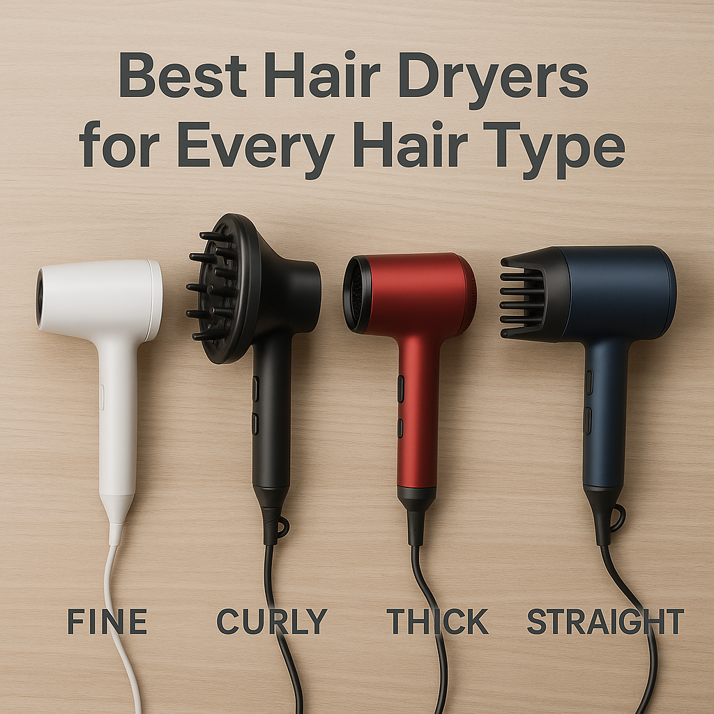 Four hair dryers arranged neatly on a wooden surface, each labeled for different hair types: white dryer for fine hair, black diffuser dryer for curly hair, red dryer for thick hair, and navy blue dryer for straight hair.
