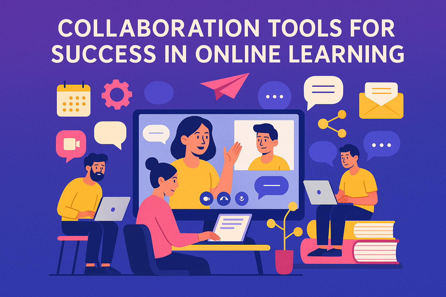 Vibrant digital illustration showing collaboration tools for success in online learning, featuring diverse students and educators interacting via laptops and digital platforms