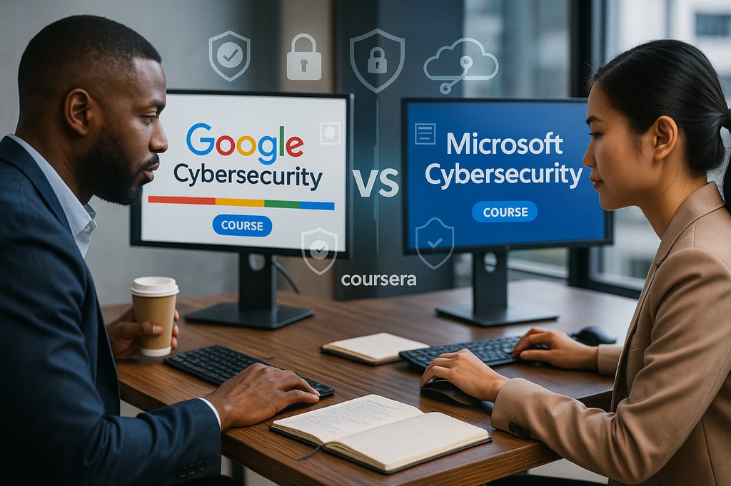 Two cybersecurity professionals sit at a desk comparing Coursera’s Google Cybersecurity and Microsoft Cybersecurity courses on side-by-side monitors, with subtle overlay icons of shields, locks and a cloud between the screens.