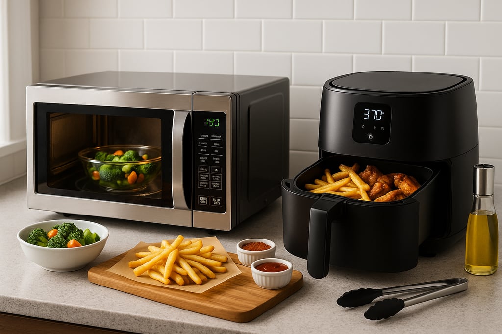 Modern kitchen counter with a stainless microwave steaming broccoli and a black air fryer open with fries and wings; white subway tile backsplash, sauces, oil bottle, and tongs.