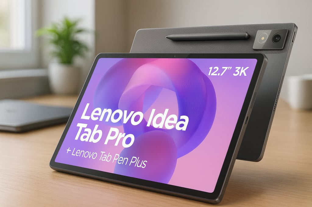 Two Lenovo Idea Tab Pro tablets on a light wooden desk under soft natural light—front unit shows the 12.7-inch 3K display with purple-pink promo graphic, while the rear unit reveals the textured back, camera module, and Lenovo Tab Pen Plus magnetically attached.