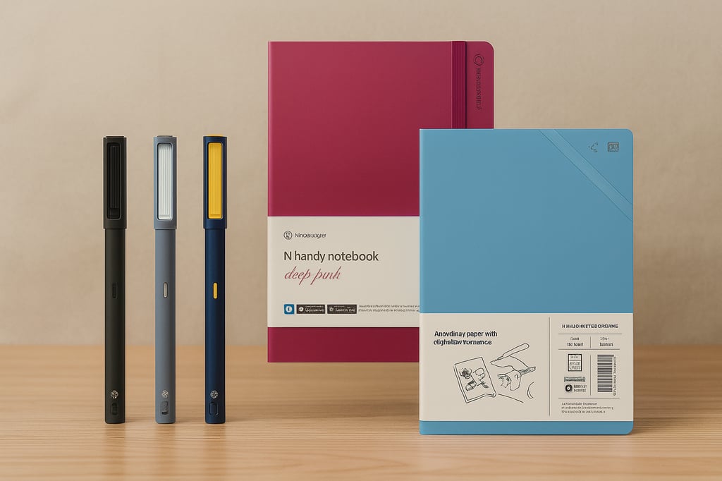 Neo Smartpen M1+ with three different color options and Neo Studio smart notebooks in deep pink and blue, placed on a wooden desk for a professional lifestyle setup