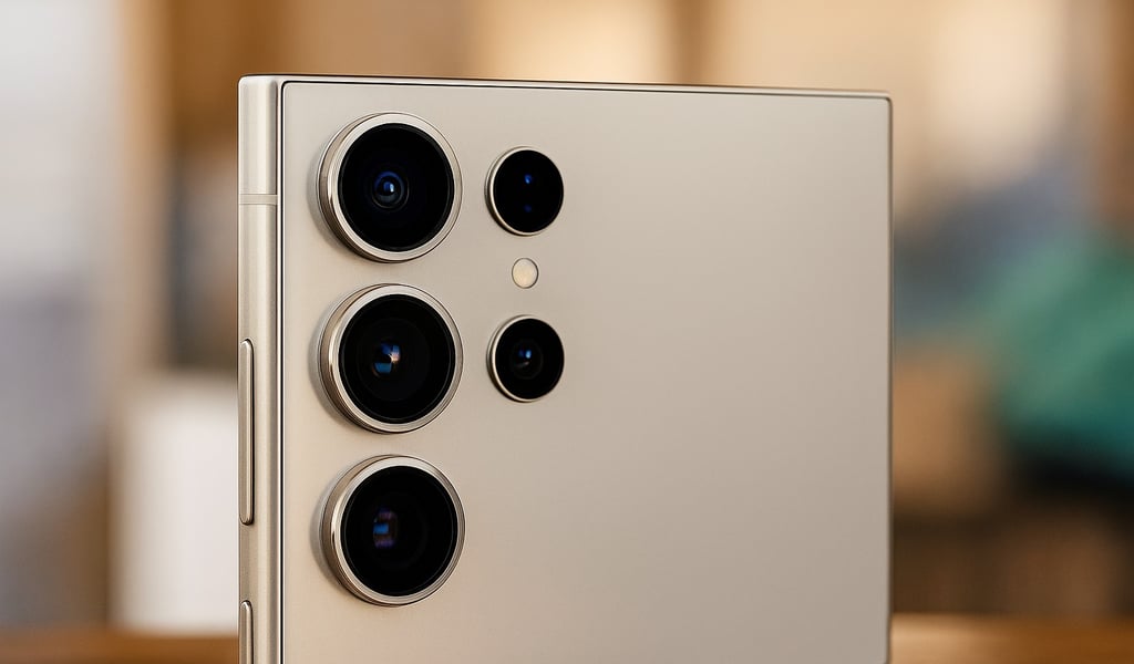Close-up view of the Samsung Galaxy S24 Ultra camera system in a champagne titanium finish, showcasing the quad-lens setup with polished metallic rings and precise detailing under warm indoor lighting.