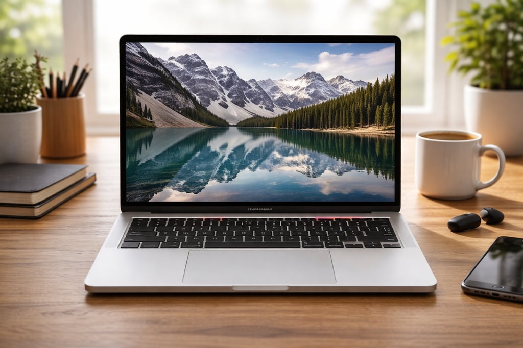 MacBook Pro on a sunlit wooden desk near a window with a realistic workspace background; the screen shows a calm alpine lake with snow-capped mountains and pine forest.